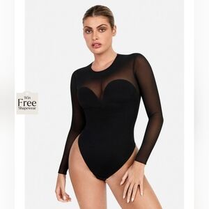 Popilush Sheer Mesh Shapewear Long Sleeve Thong Bodysuit Small